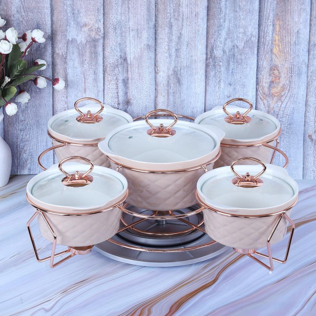 5 Pcs Revolving Casserol with Lid and Candle Warmer Stand ( 0.7L x 4 Pcs + 1.4L x 1 Pc ) - Amora Crockery