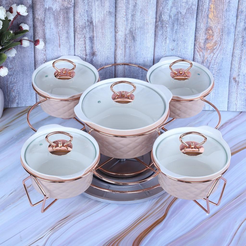 5 Pcs Revolving Casserol with Lid and Candle Warmer Stand ( 0.7L x 4 Pcs + 1.4L x 1 Pc ) - Amora Crockery