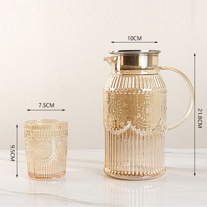 Embossed Amber Color Glass Jug Set with 6 Glasses