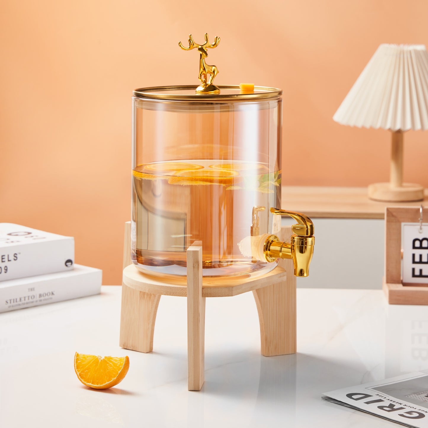 Amber Color Detox Water Dispenser with Wooden Stand 3.6 Liter