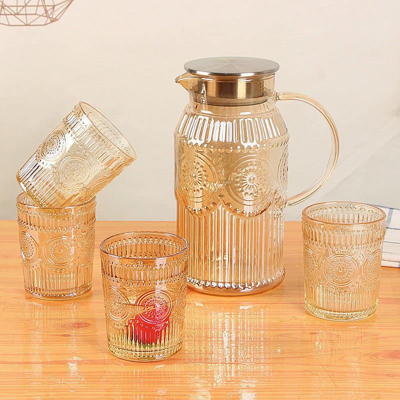 Embossed Amber Color Glass Jug Set with 6 Glasses