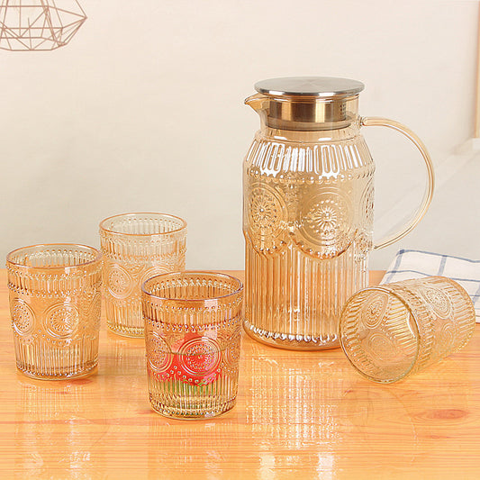 Embossed Amber Color Glass Jug Set with 6 Glasses