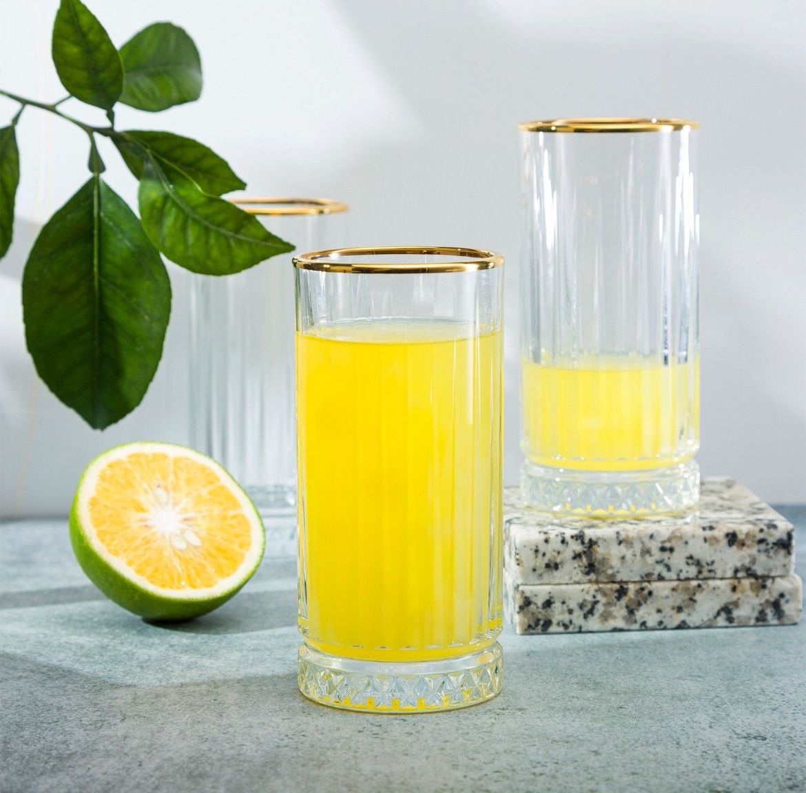 Tall Crystal Water Tumbler With Gold Rim Set of 6