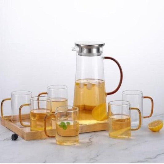 Transparent Jug Set with Wooden Tray and 6 Mug