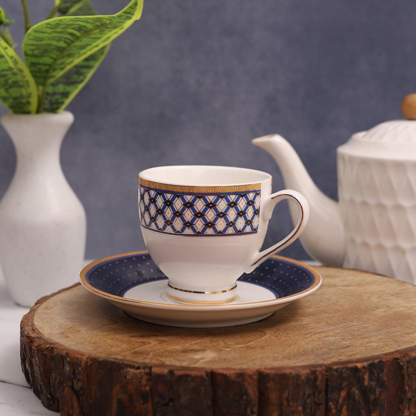 Combi of rectangle and rombus on cup and polka dots on saucer (Set of 6 Cups and 6 Saucers) - Amora Crockery