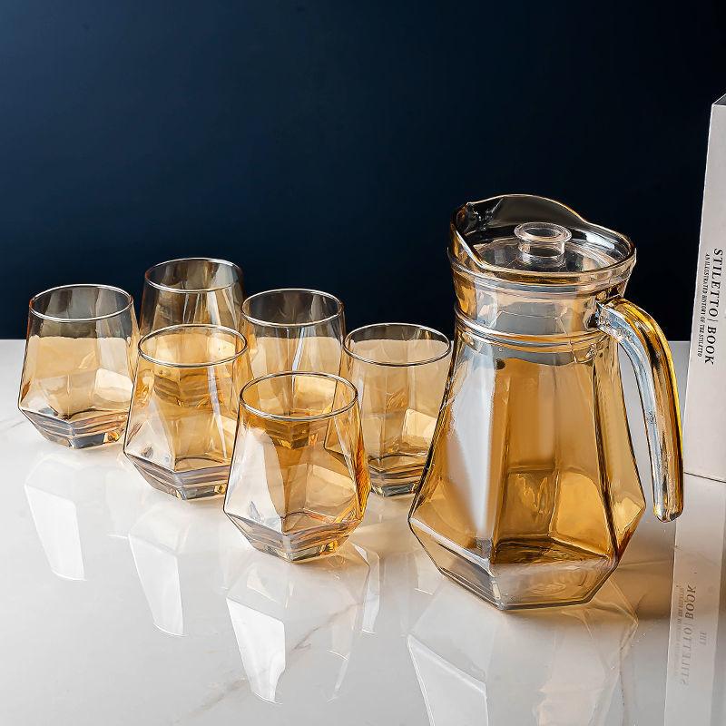 Diamond Amber Color Glass Jug Set with 6 Glasses - Amora Crockery