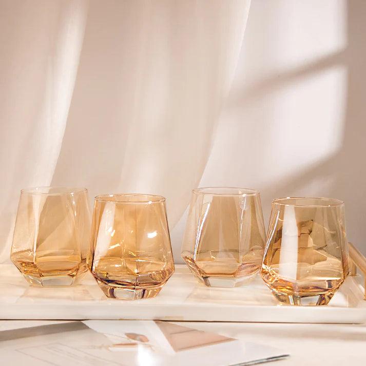 Diamond Amber Color Glass Jug Set with 6 Glasses - Amora Crockery