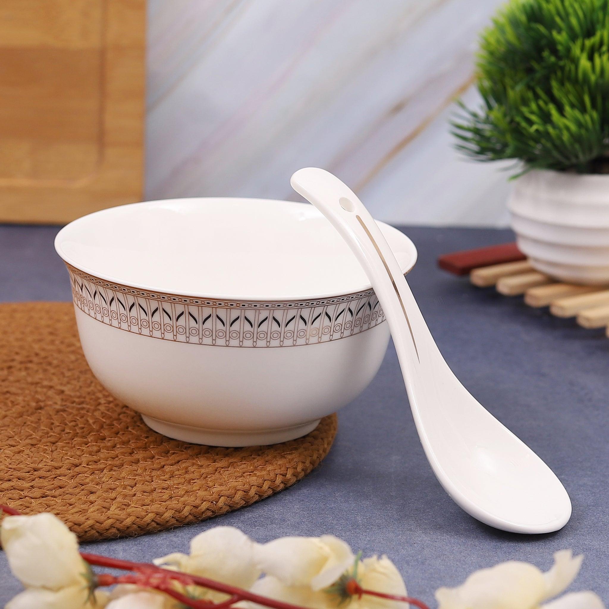 Japanese Symmetrical Design in Silver Soup Bowls with Spoon Amora Crockery