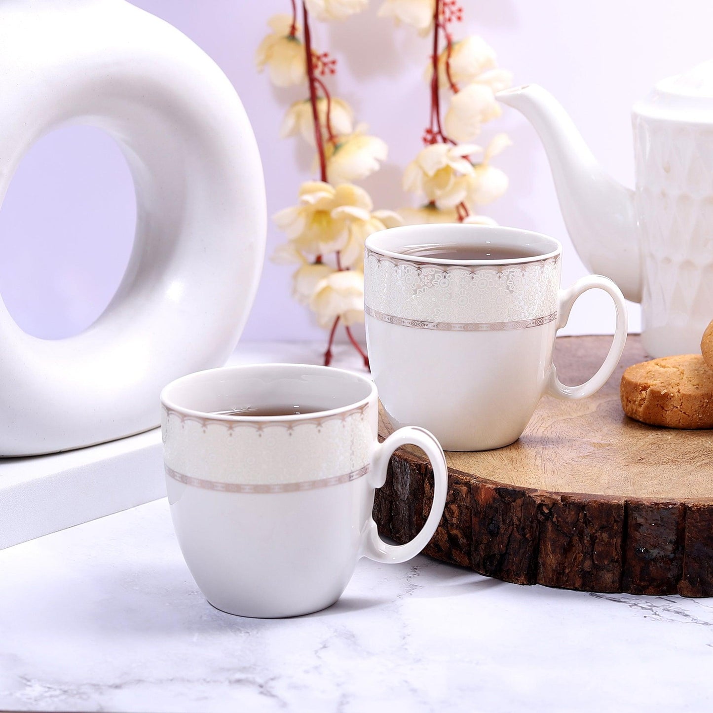 Opaline Silver Mug Set with Flower Pattern ( Set of 6 ) - Amora Crockery