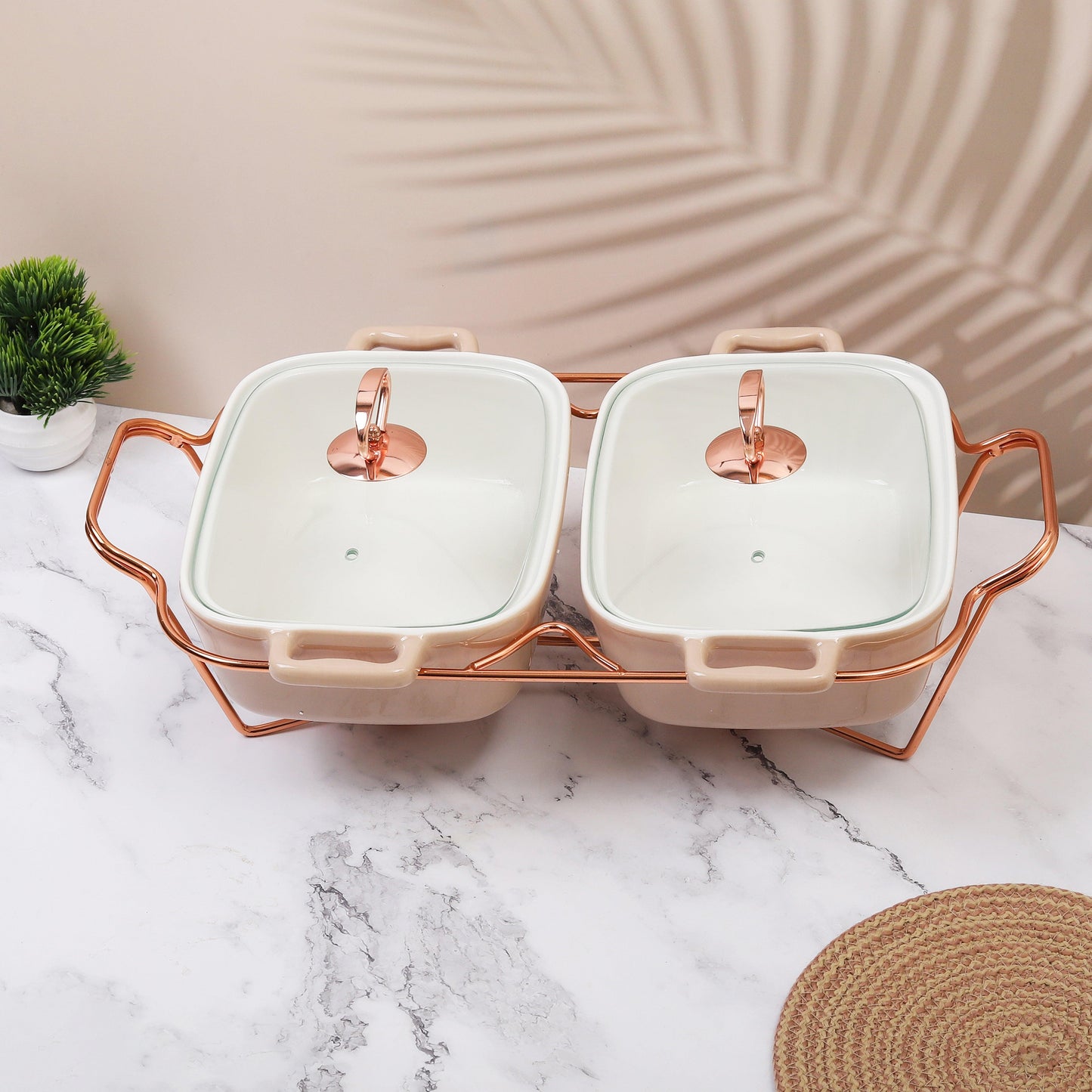 Rectangle Rose Gold 30.5 CM Twins Chafing Dish Casserole with Warmer, 1.5 litre x 2 - Amora Crockery