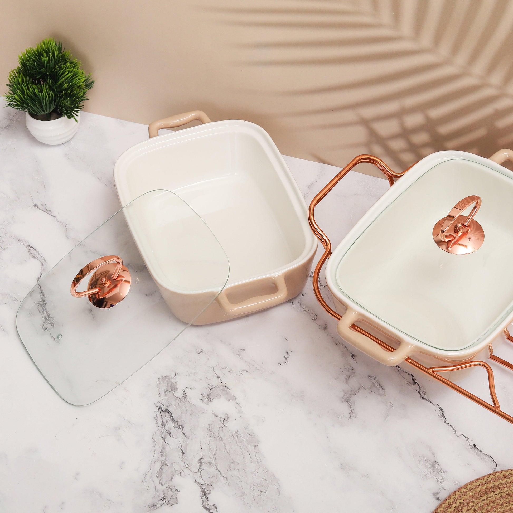 Rectangle Rose Gold 30.5 CM Twins Chafing Dish Casserole with Warmer, 1.5 litre x 2 - Amora Crockery