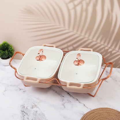 Rectangle Rose Gold 30.5 CM Twins Chafing Dish Casserole with Warmer, 1.5 litre x 2 - Amora Crockery