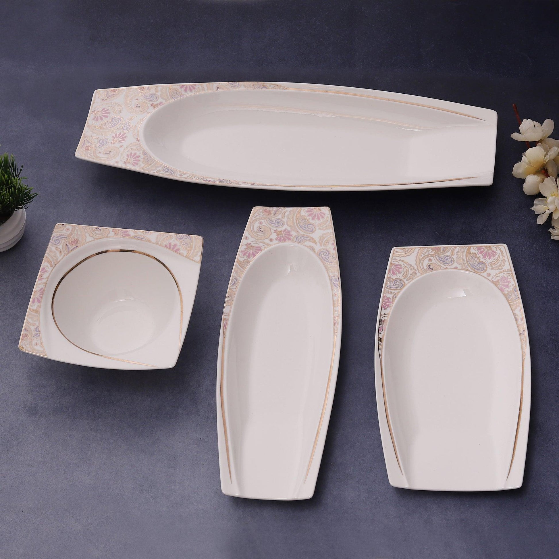 Snacks Serving Set with 2 Bowls and 3 Serving Trays - Amora Crockery