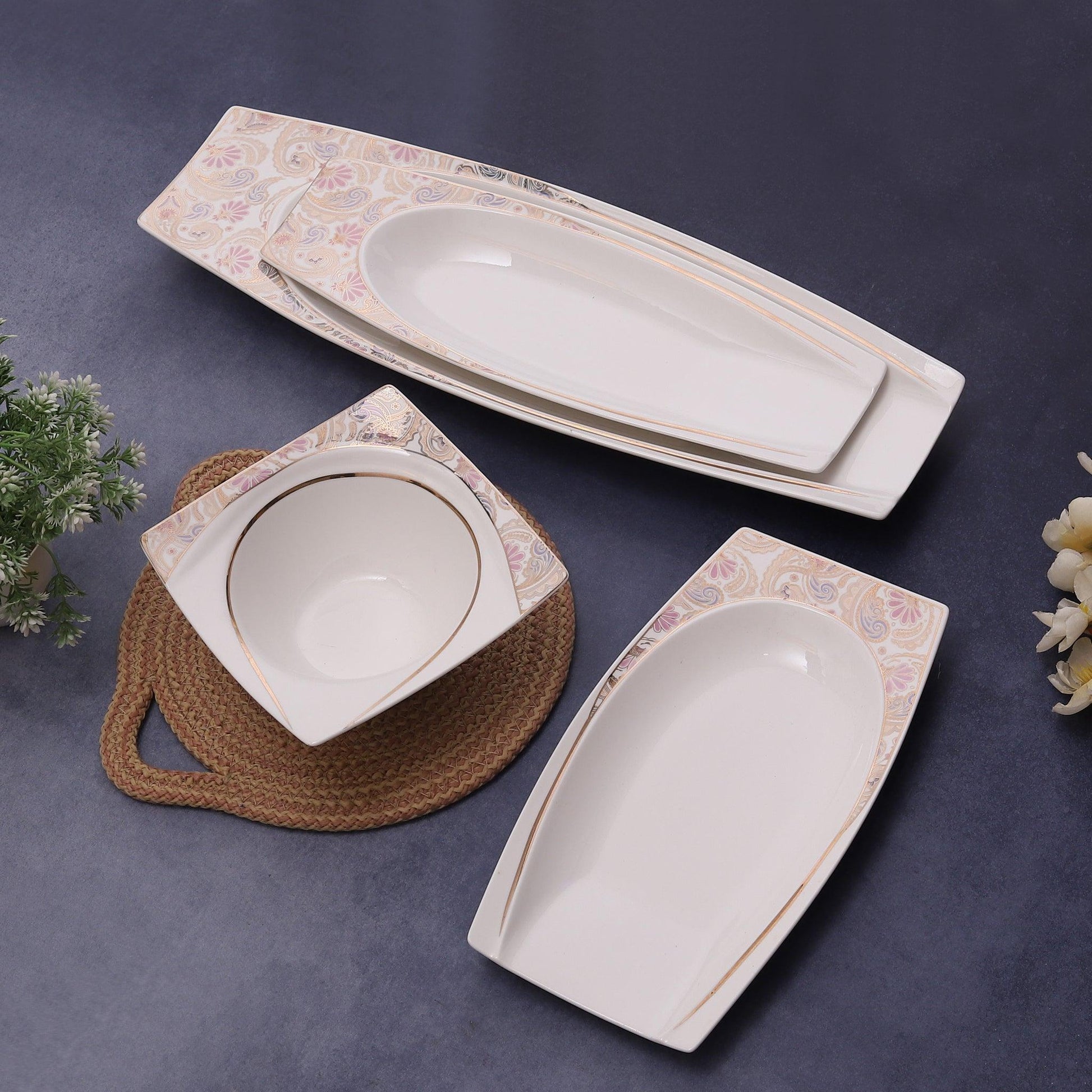 Snacks Serving Set with 2 Bowls and 3 Serving Trays - Amora Crockery