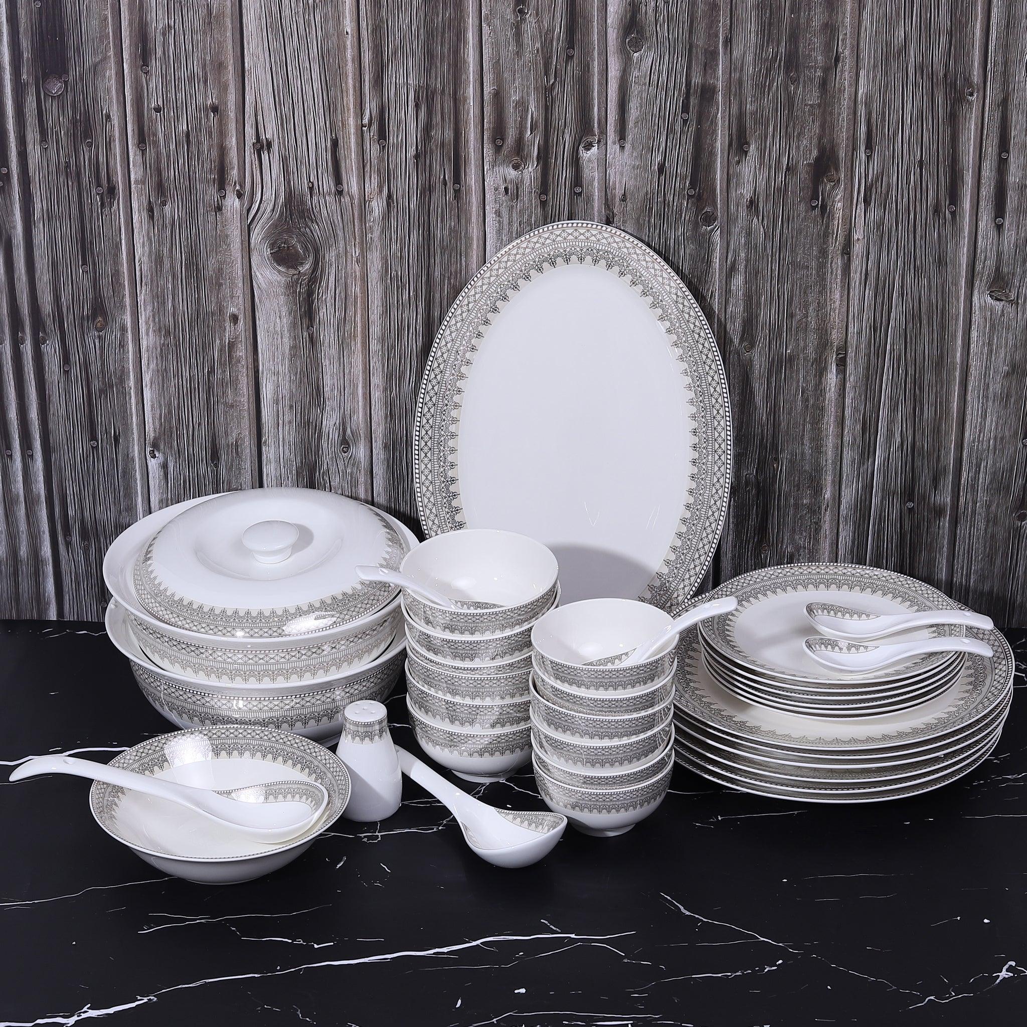 White and grey Printed Opal ware Glossy Dinner Set Set of 40 Pcs Amora Crockery