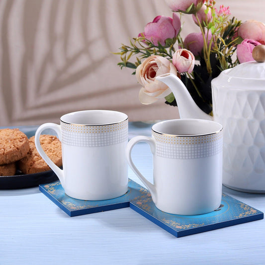 Handmade Minimalist Checked Ivory Mugs for Tea and Coffee from Japan (Set of 6) - Amora Crockery