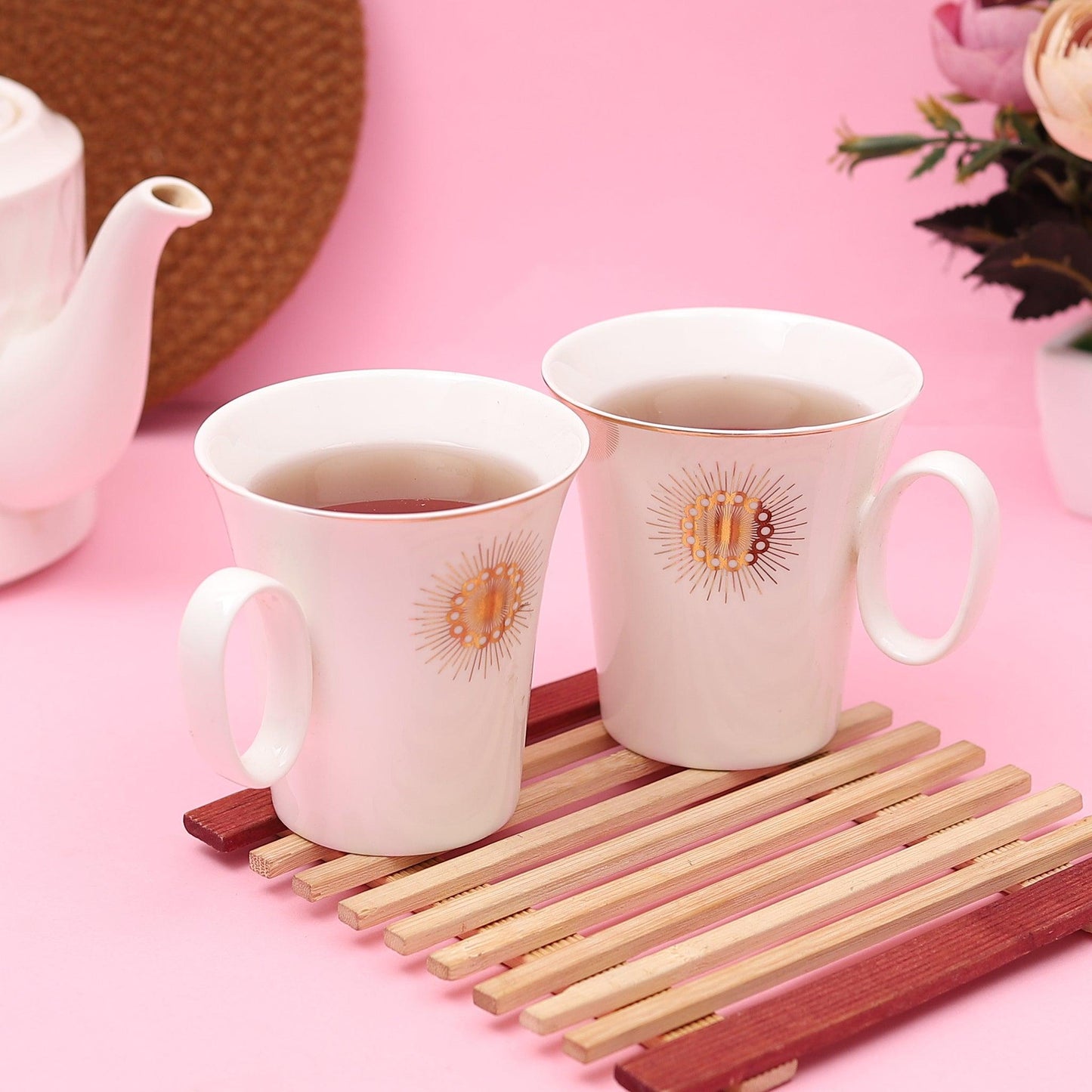 Imported Opaline Gold Coffee Mugs with Oval Handle ( Set of 2 ) - Amora Crockery