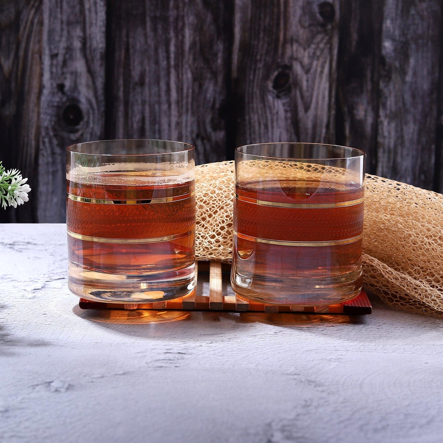 Short Drinking Whiskey Glasses in Mable Gold Honey ( Set of 6 ) - Amora Crockery